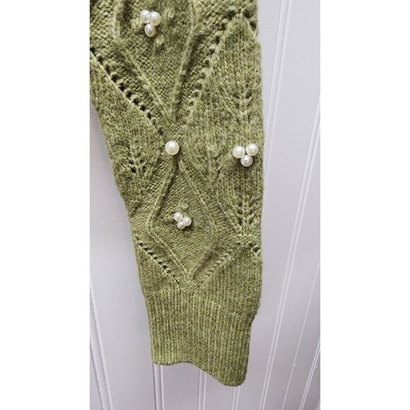 Zara Beaded Olive Green Cropped Turtleneck Sweater With Diamond Knit Design & Pe - Picture 5 of 10